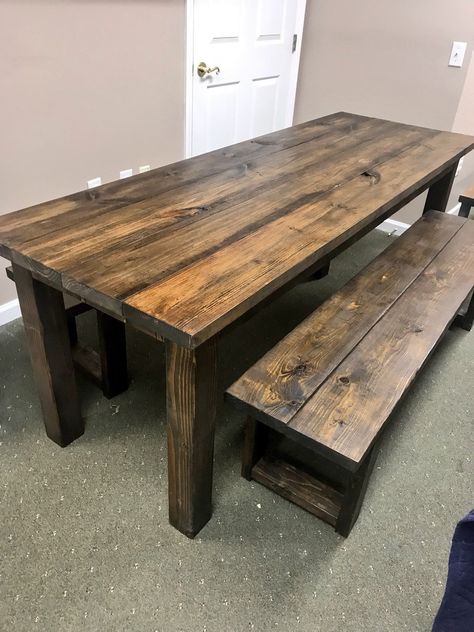 Rustic 7ft Farmhouse Table with Benches, Brown Dining Set, Table Set, Dark Walnut Long Narrow Farmhouse Table Narrow Farmhouse Table, Narrow Farmhouse, Homemade Kitchen Tables, Farm Table With Bench, Kitchen Nook Table, Table With Benches, Modern Dining Bench, Farm Style Kitchen, Farmhouse Table Setting