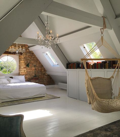 Jimmie Martin on Instagram: “Do you love a hanging chair? I think every exposed beam should have one #countryescape #loftconversion #atticbedroom #interiors #dreamscape…” Attic Bedroom Ideas Angled Ceilings, Attic Bedroom Ideas, Jimmie Martin, Attic Bedroom Designs, Attic Bedrooms, Loft Room, Attic Bedroom, Attic Rooms, Dream Apartment