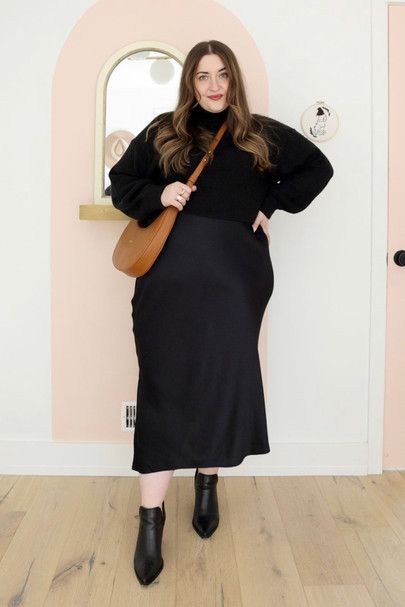Plus size slip dress and turtleneck look #LTKcurves Women’s Clothing Aesthetic, Classy Fall Outfits Plus Size, Feminine All Black Outfit, Everyday Outfit Plus Size, Styling For Big Belly, Sophisticated Plus Size Outfits, Business Casual Dresses Plus Size, Office Look Plus Size, Plus Size Work Outfit Ideas