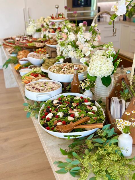 Grazing Tables Buffet Table Food Display, Wedding Food Display Buffet, Kitchen Counter Food Buffet, Salad Buffet Display Presentation, Buffet Party Table Ideas Decor, Garden Party Catering Ideas, Salad Buffet Ideas Parties, Beautiful Buffet Displays, Salad Table Display Buffet