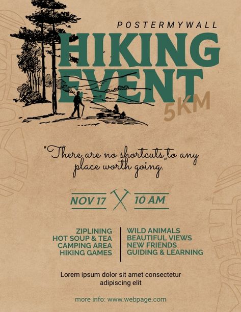 Hiking Event Flyer Template | PosterMyWall Hike Poster Design, Outdoor Flyer Design, Hiking Flyer Design, Adventure Poster Design, Poster Nature Design, Hiking Poster Design, Hiking Graphic Design, Vintage Flyer Design, Retreat Flyer