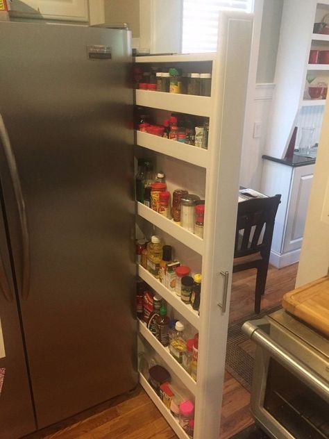 Custom Pull Out Spice Rack Tucked on the Side of Our Refrigerator. Side Of Fridge, Pantry Redo, Pull Out Spice Rack, Diy Spice Rack, Cabinet Trim, Kitchen Spice Racks, Diy Spices, Refrigerator Storage, Spice Cabinet