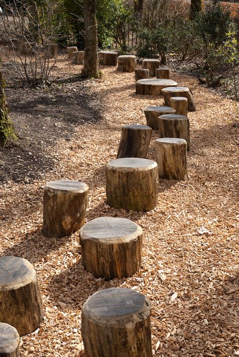 Log stepping stones Stepping Logs Garden, Log Stepping Stones, Log Playground, Log Steps, Natural Outdoor Playground, Natural Playscapes, Natural Play Spaces, Kid Friendly Backyard, Outdoor Play Spaces