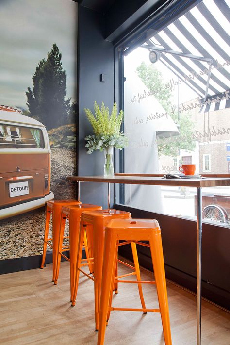 Detour Café - West London on Behance Cosy Coffee Shop, Van Mural, Orange Restaurant, Industrial Coffee Shop, Orange Cafe, Kitchen Islands Ideas With Seating, Cafe Bar Design, Cosy Cafe, Kitchen Bar Design