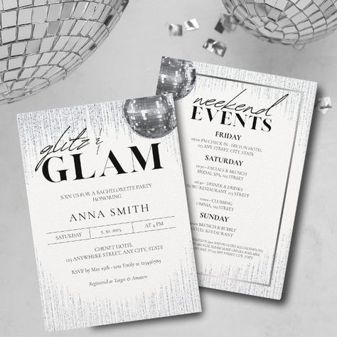 Bachelorette Party Invitations & Templates | Zazzle Sparkle Party Theme Invitation, White And Silver Invitations, Bachelorette Theme Glitz And Glam, Glitz And Glam Bachelorette Party Theme, Glitz And Glam Invitations, Glitz And Glam Bachelorette Party Decorations, Glitz And Glam Party Ideas, Glitz And Glam Theme Party, Bling Party Theme