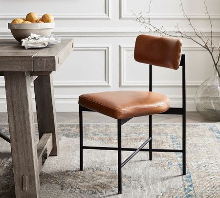 Maison Leather Dining Chair | Pottery Barn Canada Essen, Pottery Barn Dining Chairs, Leather Dining Chairs With Wood Table, Brown Leather Dining Chairs, Modern Leather Dining Chairs, Black Leather Dining Chairs, Rustic Dining Chairs, Community Table, Leather Dining Chair