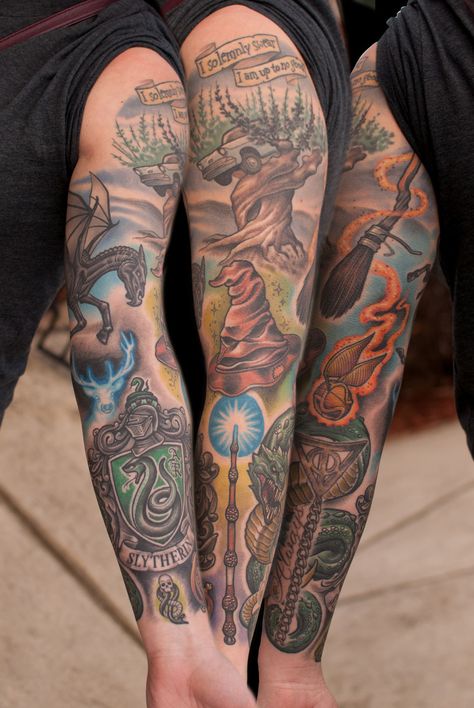 Harry Potter Willow Tree, Willow Tattoos, Tattoo Sleeve Color, Harry Potter Sleeve, Willow Tree Tattoo, Harry Potter Tattoo Sleeve, Live Tattoo, Willow Tree Tattoos, Hp Tattoo