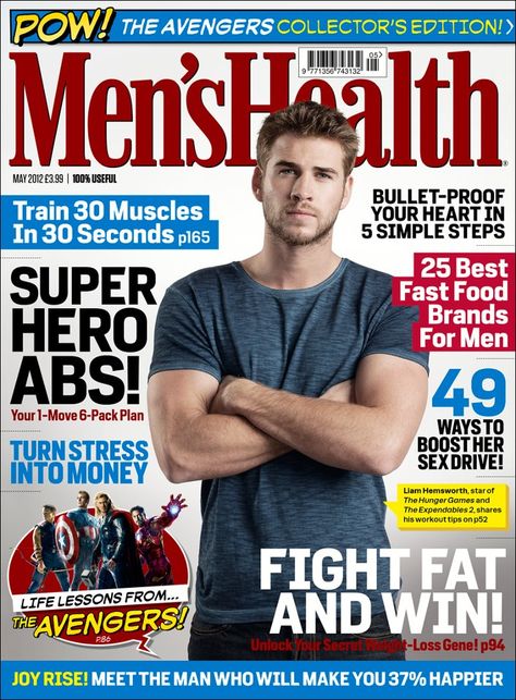 Men's Health UK May 2012 featuring Liam Hemsworth (The Hunger Games and The Avengers). #magazines Men Health, Liam Hemsworth, Health Magazine Cover, Avengers 2012, Mens Health Magazine, Men Abs, Health Plus, Hollywood Men, Fitness Magazine