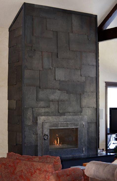 Metal clad fireplace facade- blackened steel finish by Acutech, Columbia Falls, Montana Steel Clad Fireplace, Steel Fireplace Wall, Fireplace Facade Ideas, Blackened Steel Fireplace, Metal Fireplace Surround, Fireplace Metal, Rustic Glam Home, Industrial Fireplace, Modern Mountain Cabin