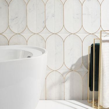 Bathroom Tile Height, Tile Wall Around Free Standing Tub, White Glass Tile Bathroom, Pink Shell Tiles, Tile Behind Mirrors In Bathroom, Modern Bathroom With Alcove Tub, Arched Backsplash Bathroom, Bath With White Vanity, Art Deco Style Bathrooms