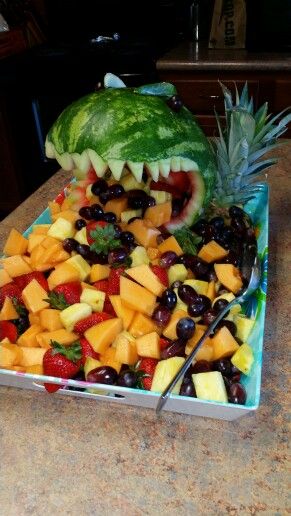 My version of Godzilla's fruit bowl, thanks pinterest friends Fruit, Dinosaur Watermelon, Carved Watermelon, T Rex, Watermelon