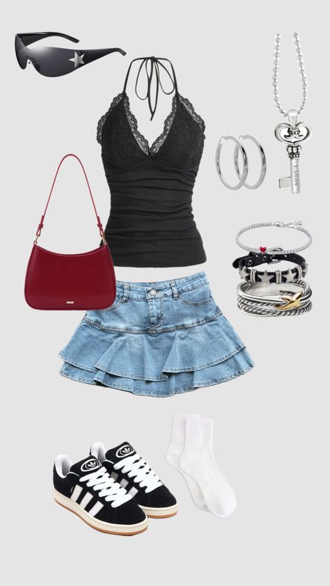 y2k jean skirt fit #y2k #jeanskirt #miniskirt #altfashion #outfitinspo #beauty #red Y2k Demin Outfit, 2000s Fashion Outfits Mini Skirt, Early 2000s Mini Skirt Outfit, Y2k Denim Mini Skirt Outfit, Short Jean Skirt Outfits Y2k, Y2k Outfits With Skirt, How To Style Jean Skirt, Jeans Mini Skirt Outfit, Jean Skirt Outfits Y2k