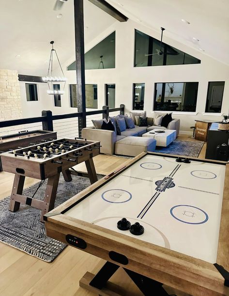 Air hockey, foosball, shuffleboard, arcade table Farmhouse Games Room, Basement Foosball Table, Game Loft Ideas Upstairs, Game Room At Home, Small Space Game Room, Rec Room Flooring Ideas, Big Game Room Ideas, Lake House Rec Room, Indoor Hockey Rink In House