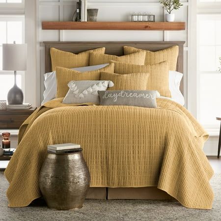 The Mills Waffle Quilt Set by Levtex Home is soft and luxurious, a timeless classic. The quilt set comes in this beautiful shade of ochre, as well as many other colors. Whether you use this as your principal bed cover, as the perfect layering piece or as a luxurious oversize throw, you will love the versatility of the Mills Waffle quilt. This design will immediately transform any room into a luxurious haven. Made with the softest lightweight cotton waffle, the quilt and shams reverse to a coordi Waffle Quilt, Orange Bedding, King Quilt Sets, Quilt Size, King Pillows, Twin Quilt, Quilt Set, King Quilt, Make Your Bed
