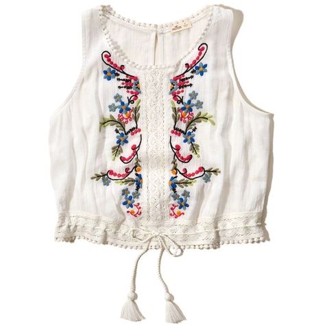 Hollister Cropped Embroidered Peasant Tank ($35) ❤ liked on Polyvore featuring tops, white, white embroidered top, tie-dye tank tops, crop tank, peasant tops and crop tank tops White Peasant Top, White Summer Tops, Embroidered Tops, Embroidered Crop Top, White Crop Tank, White Crop Top Tank, Boho Crop Tops, Embroidered Crop Tops, Embroidered Tank