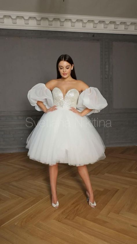 Short wedding dress by Svetlana Nikitina 🌺 Glitter wedding dress Sleeves wedding dress Custom in 2022 | Reception bridal dress, Wedding dresses lace, Short bridal dress Short Princess Dress Tulle, White Tutu Dress For Women, Short Soiree Dresses, Reception Bridal Dress, Short Wedding Gowns, Sleeves Wedding Dress, Glitter Wedding Dress, Elegant Dresses Short, Mini Prom Dresses