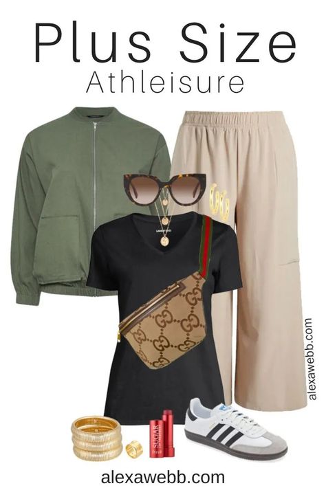 Plus Size Athleisure Wide Leg Pants Outfits 2 - Alexa Webb Athleisure Outfit Plus Size, Outfit With Wide Leg Pants, Plus Size Wide Leg Pants Outfit, Plus Size Casual Summer Outfits, Gucci Bum Bag, Plus Size Athleisure Outfits, Plus Size Athleisure, Running Errands Outfit, Athleisure Outfits Summer