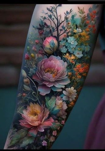 Rose Bush Sleeve Tattoo, Cherry Blossom Tree Leg Tattoo, Neo Modern Tattoo, Cosmic Floral Tattoo, Flower And Lace Tattoo Sleeve, Large Tattoo Pieces, Moody Floral Tattoo, Cross Made Of Flowers Tattoo, Black And Gray Tattoo For Women