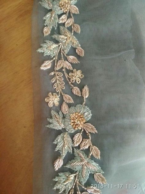 Hand Work In Saree, Handwork Jardosi Blouse Design, Dabka Work Dupatta, Dabka Hand Embroidery, Embroidery Designs In Saree, Hand Work For Saree, Dupatta Aari Work, Zari Suit Designs, Hand Work Design For Blouse