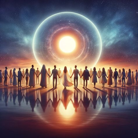 A serene twilight scene depicting a diverse group of people of various descents and genders standing in a circle, holding hands. In the center of the circle is a glowing orb symbolizing faith, casting a warm light on their faces. The background features a vast, starry sky, representing the transcendence and vastness of their shared spiritual journey. This image embodies unity, solidarity, and reassurance in shared beliefs. Nature, Diverse Group Of People, Glowing Orb, Twilight Scenes, Aquarius Art, Church Backgrounds, Spiritual Realm, World Vision, Hand Images
