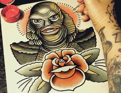 Flash Paintings by Quyen Dinh — Creature from the Black Lagoon.. Quyen Dinh Black Lagoon Tattoo, Universal Monsters Tattoo, Lagoon Tattoo, Girl Power Tattoo, Monster Tattoo, Creature From The Black Lagoon, The Black Lagoon, Japanese Monster, Alien Tattoo