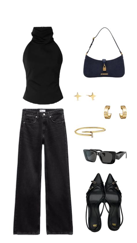 Club outfit black, kitten heels, black kitten heels outfit, club outfit inspo, club outfit woman idea, club outfit idea jeans, club outfit jeans, high neck top black, high neck top black with jeans, jeans with high neck top, cartier jewelry, gold cartier bracelet, gold cartier earrings, gold earrings chuncky, star earrings gold, gold star earrings, jacquemus bag, jacquemus baguette bag, jaquemus black bag, black outfit aesthetic, black outfit idea Jeans Club Outfit, Cartier Bracelet Gold, High Neck Black Top, Kitten Heels Outfit, Black Top Outfit, Black Kitten Heels, Heels Outfit, Club Outfit, Black Kitten