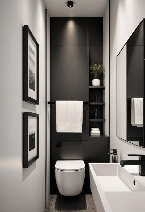 15 Genius Half Bathroom Decor Ideas 20 Half Bathroom Ideas Remodel, Black Tiny Bathroom, Modern Bathroom Design Half Bath, Black And White Bathroom Design Ideas, Closet Half Bath, Toilet Room Design Ideas, Long Narrow Half Bathroom Ideas, Small Black Powder Room, Utility Bathroom Ideas