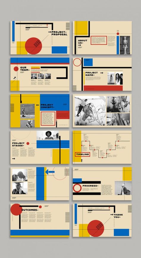 Bauhaus-Style Screen Presentation Template Bauhaus Graphic Design Layout, Bauhaus Book Design, Bauhaus Layout Design, Bauhaus Website Design, Bauhaus Web Design, Graphic Design Presentation Layout, Graphic Design Powerpoint, Bauhaus Magazine, Bauhaus Design Poster