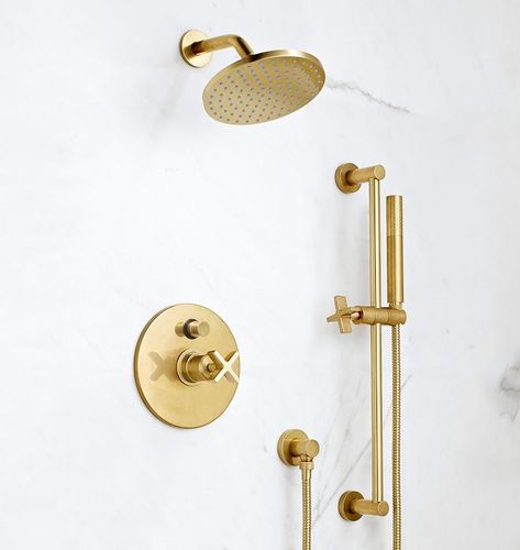 West Slope Pressure Balanced Shower Set with Handshower | Rejuvenation Brass Shower Fixtures Master Bath, Newport Brass Shower Fixtures, Polished Brass Shower Fixtures, Cool Shower Heads, Gold Shower Fixtures, Brass Shower Fixtures, Willow Project, Brass Bathroom Fixtures, Brass Shower Head