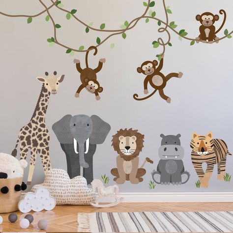 Safari Mural, Animal Wall Stickers, Jungle Wall Decals, Safari Room, Jungle Theme Nursery, Monkey Wall, Animal Mural, Baby Boy Bedroom, Nursery Mural