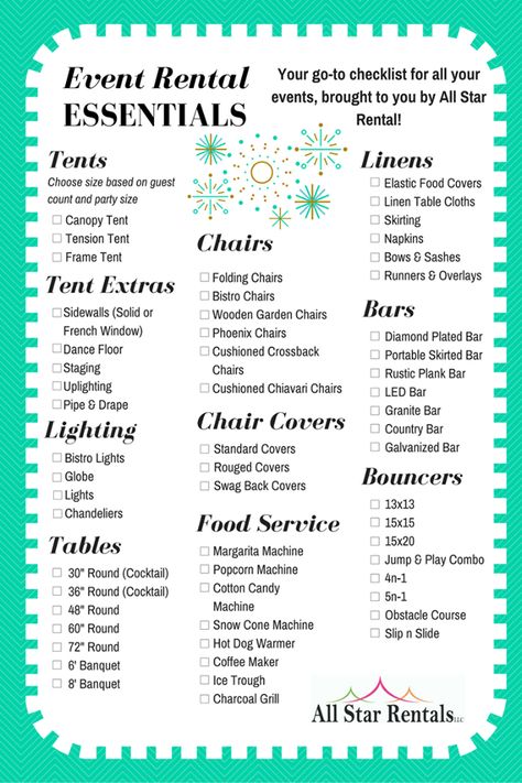 Worried about forgetting something for your upcoming event? All Star Rental has your back! Check out our new Rental Essential Checklist to make sure you have everything to make your event a hit! Find even more great products at AllStarRentals.net! Organisation, Corporate Event Checklist, Event Planning Organization Ideas, Event Planning Supplies, Party Supply Checklist, Party Planner Business, Event Space Business, Event Planning Board, Event Venue Business