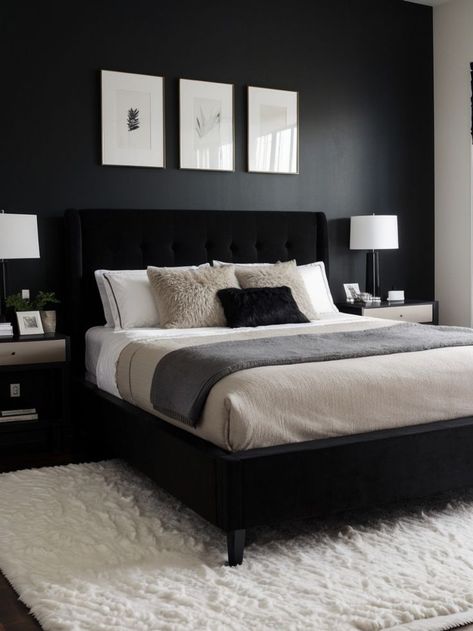 Create a bold and modern look by painting one wall in your bedroom with a dramatic half-black accent. Pair it with a sleek and minimalist platform bed, and add cozy textures with a faux fur throw and plush rug for a contemporary touch. Minimalist Platform Bed, Black Accent Wall Ideas, Minimalist Bedroom Men, Black And Grey Bedroom, Black Accent Wall, Bedroom Wall Decor Above Bed, Mens Bedroom Decor, Minimalist Bedroom Small, White Wall Bedroom