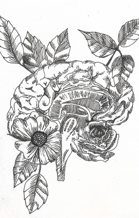 #anatomy #brain #illustration  #bioart #floral #flowers Brain And Flowers Art, Floral Brain Art, Brain Drawing Flowers, Scatter Brain Tattoo, Floral Brain Drawing, Brain Flowers Illustration, Brain Anatomy Tattoo, Brain Drawing With Flowers, Flower Brain Drawing