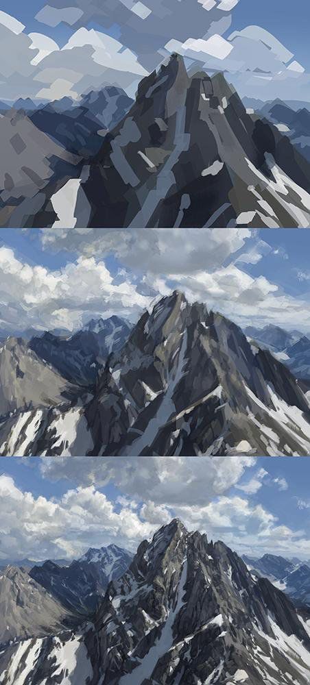 How To Color Tiles Digital Art, Digital Mountain Art, Digital Painting Environment, Mountain Environment Art, Mountain Tutorial Digital, Digital Painting Reference, Mountain Drawing Tutorial, Digital Art Environment, Digital Landscape Tutorial