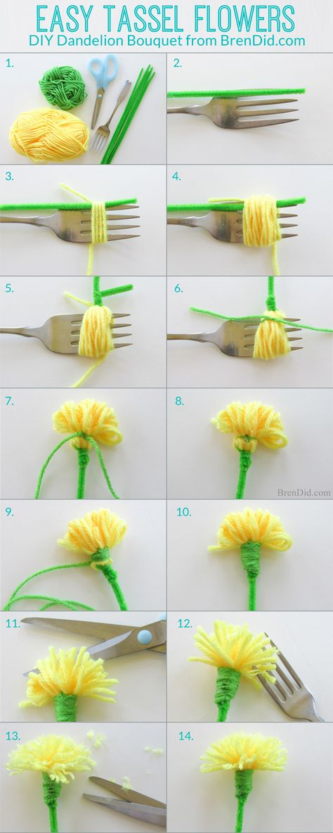 Easy Tassel Flowers: DIY Dandelion Bouquet | http://brendid.com/easy-tassel-flowers-diy-dandelion-bouquet/ Mothers Day Crafts, Kunst For Barn, Kerajinan Diy, Diy Flores, How To Make Tassels, Skirt Diy, Fleurs Diy, Diy Bricolage, Diy Simple