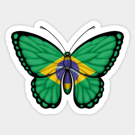 This unique design features the flag Brazil on a beautiful butterfly. The flag contours to the details in the wings and curves around the body of the butterfly giving it a realistic look. The edges of the wings are painted black which frames the Brazilian flag inside of the pattern. This wonderful flying creature is a perfect combination of nature and patriotism. -- Choose from our vast selection of stickers to match with your favorite design to make the perfect customized sticker/decal. Perfect Brazilian Flag Tattoo, Brazil Flag Art, Brazil Flag Tattoo, Brazil Stickers, Flag Brazil, Flag Of Brazil, Bahamas Flag, Flag Drawing, Brazilian Flag