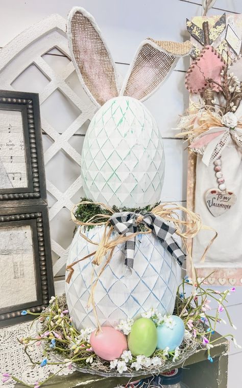 Dollar Tree "Plus" Stacking Eggs Bunny! – Lizzy & Erin Lizzie And Erin Crafts, Dollar Tree Stacked Eggs, Easter Bunny Topiary, Stackable Easter Eggs From Dollar Tree, Dollar Tree Stacking Eggs, Easter Crafts Dollar Tree, Dollar Tree Stackable Eggs, Diy Dollar Tree Easter Decor, Easter Decor 2024