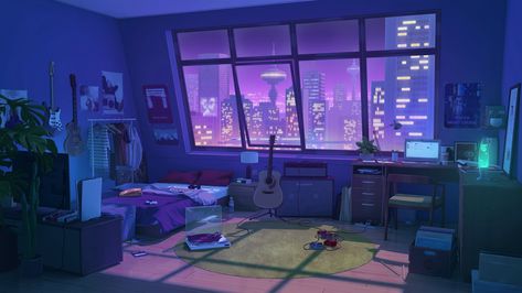 Purple Bedroom Estilo Cyberpunk, Bedroom Illustration, Lofi Aesthetic, Casa Anime, Anime House, Bedroom Drawing, Purple Bedroom, Neon Room, Purple Rooms