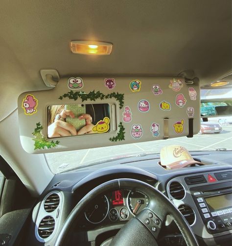 Y2k Car Decorations Interior, Pins On Car Ceiling, Car Accessories Stickers, Interior Of Car Aesthetic, Colorful Car Interior, Inside The Car Aesthetic Pink, Classy Car Decorations Interior, Cute Car Interior Aesthetic, Cute Car Customizations