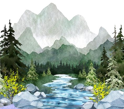 Watercolor Painting Inspiration, River Drawing, Colorful Art Paintings, Mother Earth Art, Montana Art, Forest Drawing, Mountains Forest, Mountain Landscape Painting, Landscape Painting Tutorial