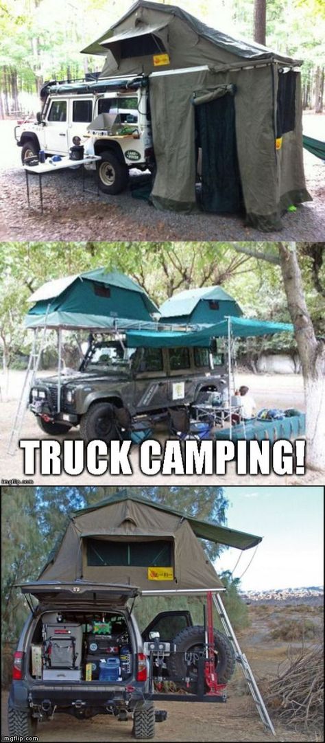 This form of camping has caught on like wildfire over the years and for those who like truck/car tent camping there really are sooo many really cool truck tent shelter options to choose from! These are hella good times for truck campers, ENJOY! Click here to see more. #campfiredinnerrecipes #campingmusthaves #hikingandcamping #campinggear #campingglamping #campingfood #campinghacks #campingsurvival #campingmeals #truckorganization #foodtruck #campingvehicles #tent #truckbedcamping #truckhitches Truck Tent Camping, Hiking 101, Camping Bedarf, Camping Must Haves, Camping 101, Hiking Adventures, Car Tent, Truck Tent, Futuristic Armour