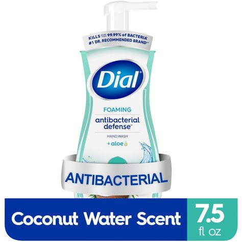 Enjoy the fresh scent of Dial® Antibacterial Defense™ Coconut Water Foaming Hand Wash. This formula contains aloe vera and kills more than 99.99% of bacteria encountered in household settings while being gentle on skin. Dermatologist tested and approved Certified cruelty-free under the Leaping Bunny program pH balanced formula Free of sodium lauryl sulfate, sodium laureth sulfate, parabens, phthalates and silicones 100% recycled plastic bottle (excluding pump) Water, Foaming Hand Wash, Plastic Bottle, Coconut Water, Hand Washing, Aloe Vera, Coconut, Hand Wash