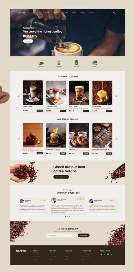 coffee shop web design Cafe Website Design, Coffee Site, Web Cafe, Coffee Shop Website, Webpage Design Layout, Food Website Design, Cafe Website, Simple Website Design, Food Web Design