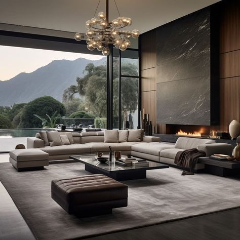 A modern living room with a stylish sofa, a large wall-mounted TV, and chic decorations. Modern Living Room Ideas Luxury, Modern Colonial Interior, Large Living Room Layout, Colonial Interior Design, Luxury Living Room Inspiration, Sala Grande, التصميم الخارجي للمنزل, Design Salon, Living Room Design Inspiration