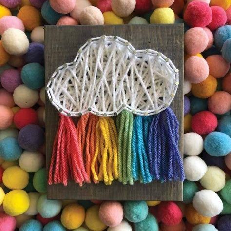 The mini string art kit includes a stained 5.5" x 7" piece of wood, yarn, nails, pattern and step-by-step instructions. The DIY kit is assembled in to a clear 6" x 9" plastic bag with a full color insert for reference when making. All kits also come with a URL to access professionally made videos that cover basic techniques for those who are visual learners. Nail Art For Kids, Nail String Art, String Art Patterns, Diy Rainbow, String Art Diy, Rainbow Crafts, Mini Craft, Rainbow Cloud, Camping Crafts