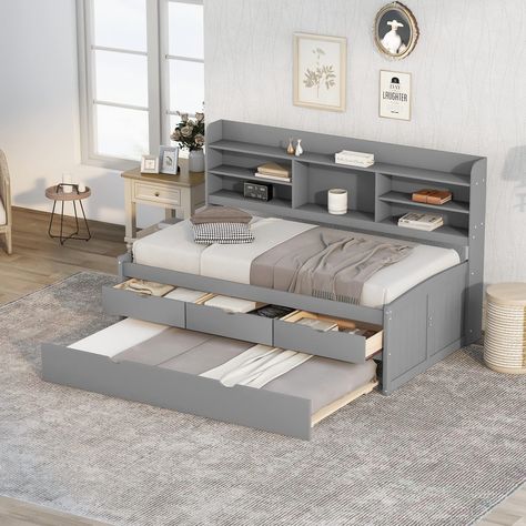 PRICES MAY VARY. 【Built-in Bookshelves】 Four side compartments and one large middle for storage; Freestanding design can be used with any style of bed and does not need to be attached. Overall Product Dimension: 77.5''L*88''W*47.2''H, Bed Inner Dimension: 74.8''x 39.4'', This twin size daybed Fits standard twin size mattress (mattress not included) 【Twin Size Trundle & Drawers】 This Elegant twin size daybed with handy pull-out trundle and three functioning drawers. The twin size trundle and draw Young Mans Bedroom Ideas Small Spaces, Twin Captains Bed, Captain Bed, Bookshelf Bed, Trundle Bed With Storage, Wooden Daybed, Storage Headboard, Captains Bed, Daybed With Storage