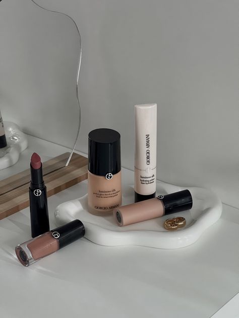 armani, luminous silk foundation, beauty, makeup, luxury makeup Armani Beauty Makeup, Armani Beauty Aesthetic, Armani Aesthetic, Makeup Moodboard, Armani Foundation, Armani Cosmetics, Cosmetics Aesthetic, Giorgio Armani Makeup, Makeup Luxury