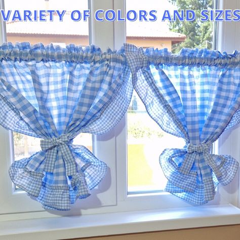 Farmhouse Valances, Country Valances, Kitchen Cafe Curtains, Cabin Pillows, Country Style Curtains, Teal Table, Ruffle Curtains, Plaid Curtains, Gingham Tablecloth
