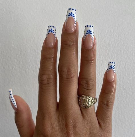 Different Design French Tip Nails, French Tip Nails With Blue Design, Flower Coffin Acrylic Nails, Blue French Tip With Rhinestones, French Tip Long Coffin, Blue Coffin Acrylic Nails, Flower French Tip, French Tip Long, Clase Azul Nails