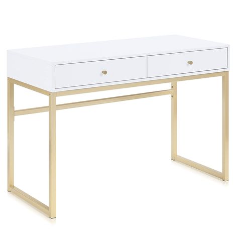 PRICES MAY VARY. [ELEGANT & SIMPLE] A clean, modern, and sleek computer desk or vanity table that’s stylish and functional. The white tabletop mixes with the golden metal frame for a pristine and charming look. [SPACIOUS TABLETOP] The tabletop measures 42"L x 19"W, offering ample space to hold your computer or laptop. This large vanity console helps you better organize your makeup supplies and accessories. [LARGE STORAGE] Two 3.26"H x 18.11"W x 13.77"D drawers provide ample storage space, keepin Laptop Writing, Vanity Dressing Table, Contemporary Desk, Gold Bedroom, Office Computer, Preppy Room, White Table Top, White Desks, Room Inspiration Bedroom